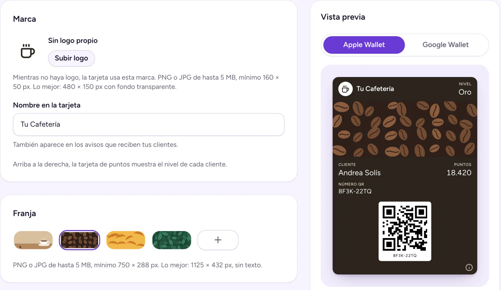 Panel de Fidelizaa: editor de la tarjeta con marca, franja y vista previa en Apple Wallet